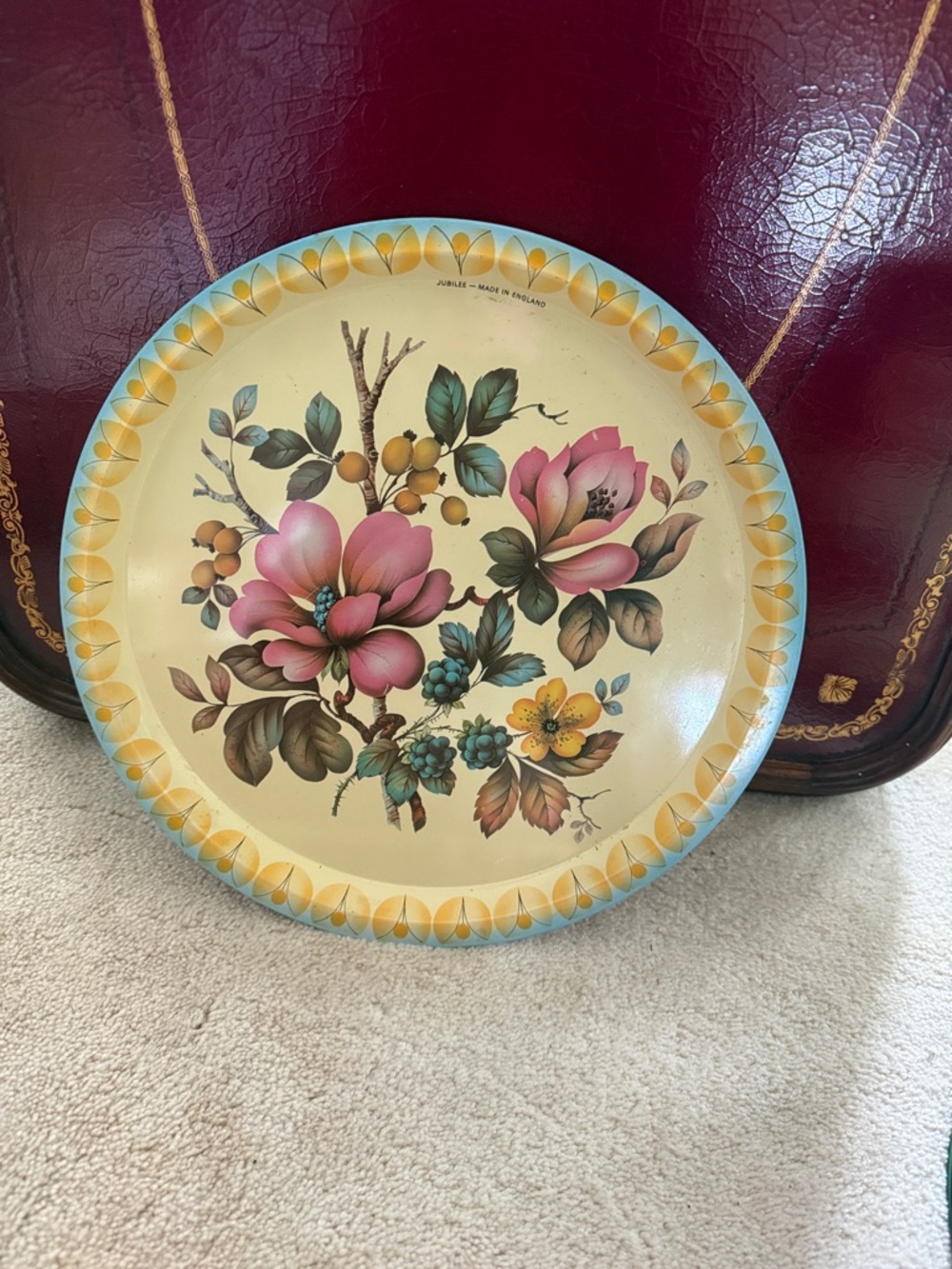 Floral Decorative Tin Tray in Cream with Pink Blossoms